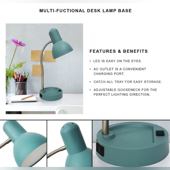 LED Gooseneck Desk Lamp with Catch-All Base & AC Outlet - Teal - Picture 2 of 12